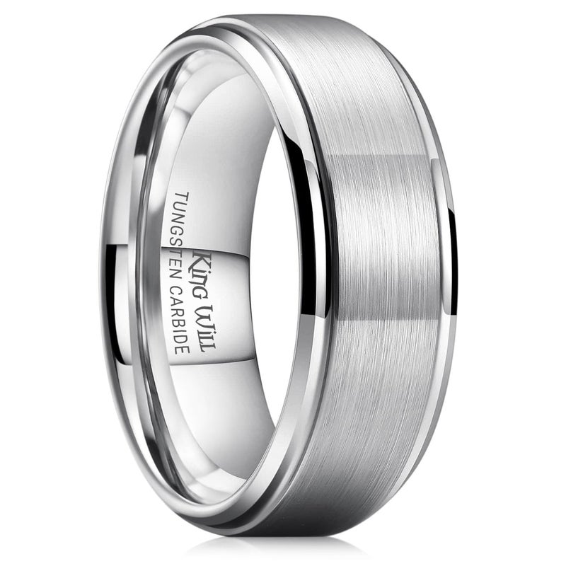 King Will Men's Silver Tungsten Carbide Ring 8mm Polished Step Edge Matte Brushed Finish Center Wedding Band(10) - Image 1