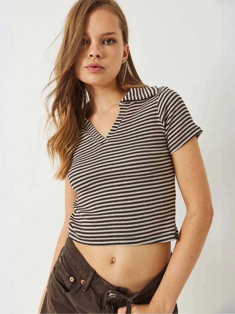 Bianco Lucci Multicolor LUCCI Striped Slim Fit Crop T-Shirt for Women | Best Price UAE