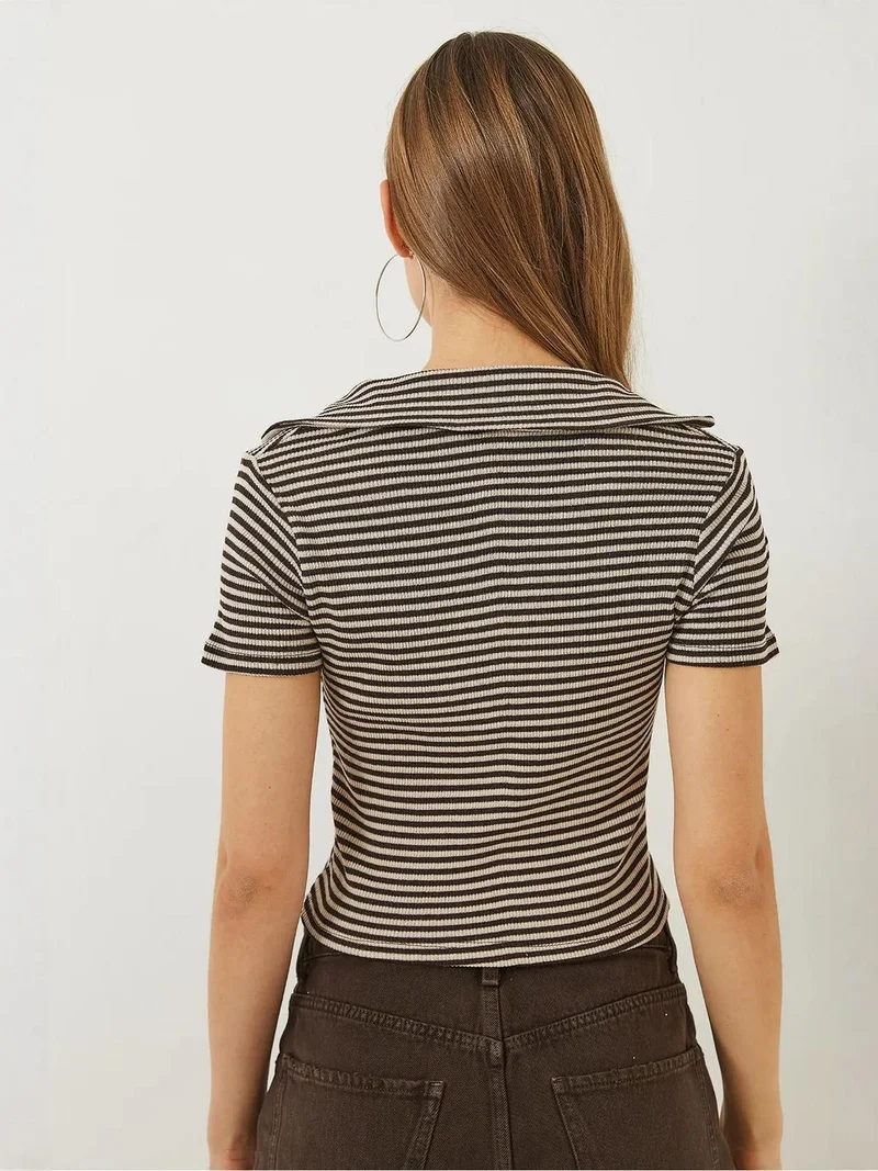 Bianco Lucci Multicolor LUCCI Striped Slim Fit Crop T-Shirt for Women | Best Price UAE