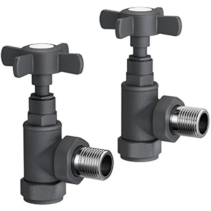 ANTHRACITE STANDARD CONNECTION ANGLED RADIATOR VALVES 15MM VALVE DESIGNER RADS PAIR MODERN BATHROOM - Image 1