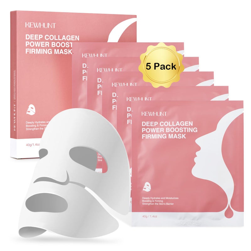 Kewhunt Deep Collagen Face Mask Overnight Bio Collagen Mask Real Deep Mask Hydrating Hydrogel Masks with Low Molecular Collagen for Firming Elasticity Pore Minimizing 40g x 5ea