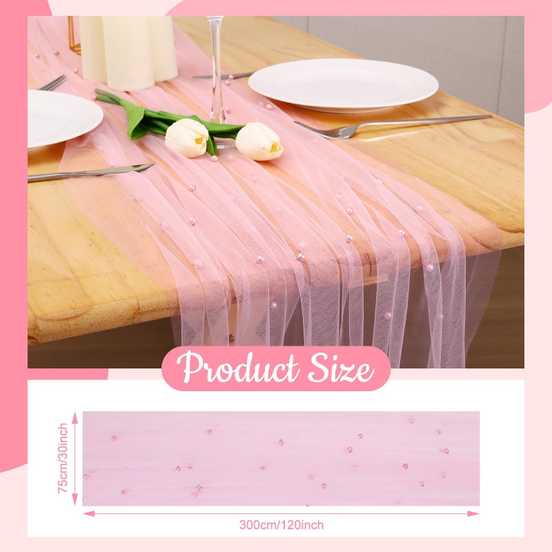 BINBE 4pcs Pearl Table Runner Spring Summer Rustic Boho 10ft Tulle Table Runner for Baby Shower Wedding Veil Holiday Dessert Table Decor Pink - Image 2