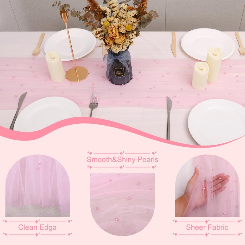 BINBE 4pcs Pearl Table Runner Spring Summer Rustic Boho 10ft Tulle Table Runner for Baby Shower Wedding Veil Holiday Dessert Table Decor Pink - Image 3