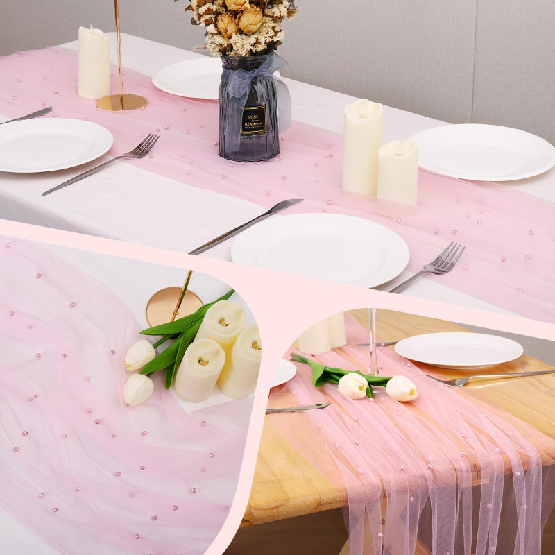 BINBE 4pcs Pearl Table Runner Spring Summer Rustic Boho 10ft Tulle Table Runner for Baby Shower Wedding Veil Holiday Dessert Table Decor Pink - Image 5