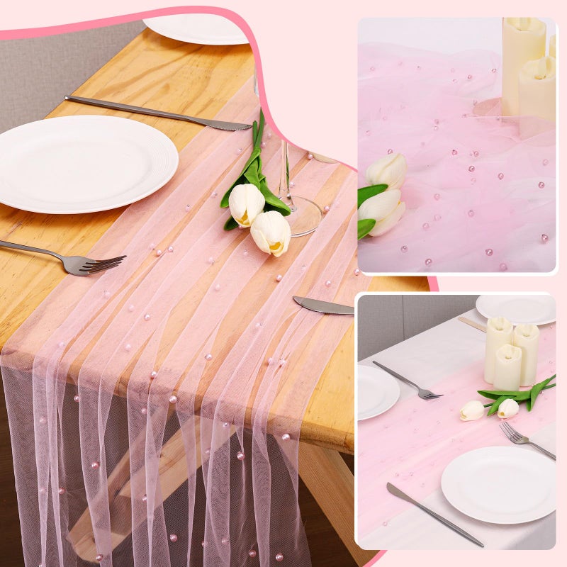 BINBE 4pcs Pearl Table Runner Spring Summer Rustic Boho 10ft Tulle Table Runner for Baby Shower Wedding Veil Holiday Dessert Table Decor Pink - Image 4