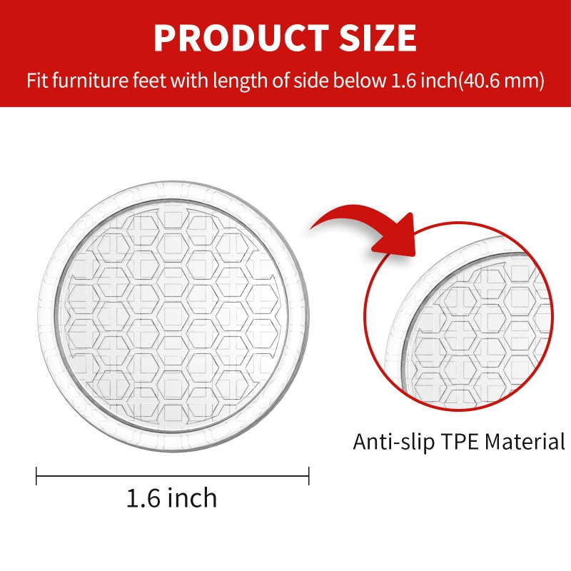 Ezprotekt Non Slip Furniture Pads, 16 Pcs 1.6" Anti Skid Rubber Caster Cups, Round Furniture Coasters for Hardwoods Floors, Anti-Slip Furniture Grippers, Furniture Stoppers to Prevent Sliding (Clear) - Image 4