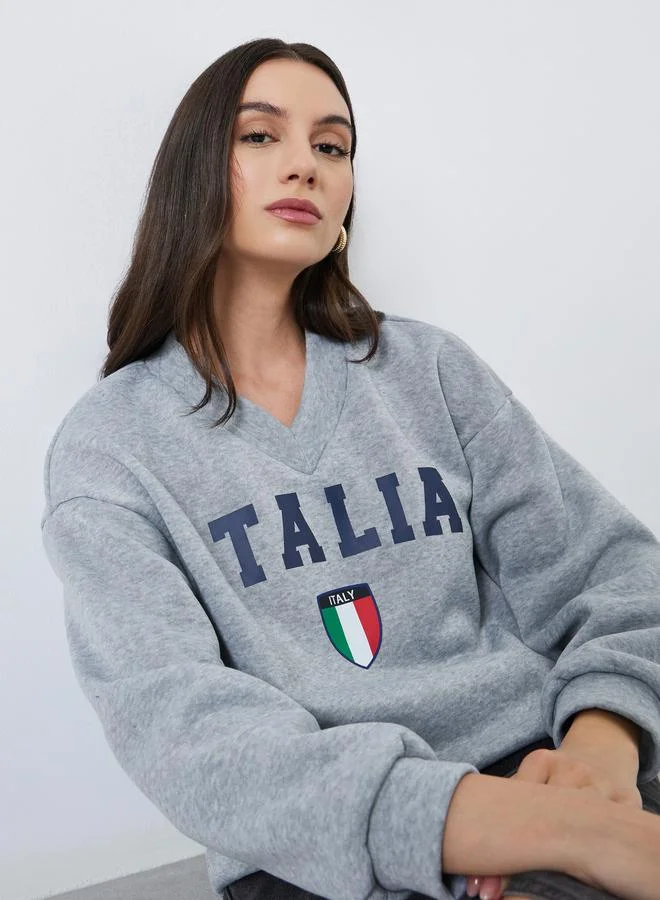 Styli Grey V Neck Sweatshirt with Dropped Shoulder