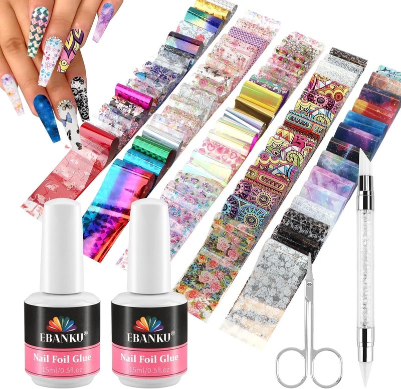 EBANKU Nail Foil Glue Gel Set, 30 ml Nail Glue with 20 Pieces Flowers Butterfly Transfer Foils Gel Nail Foils for DIY Manicure or Salon, UV/LED Lamp Required - Image 1