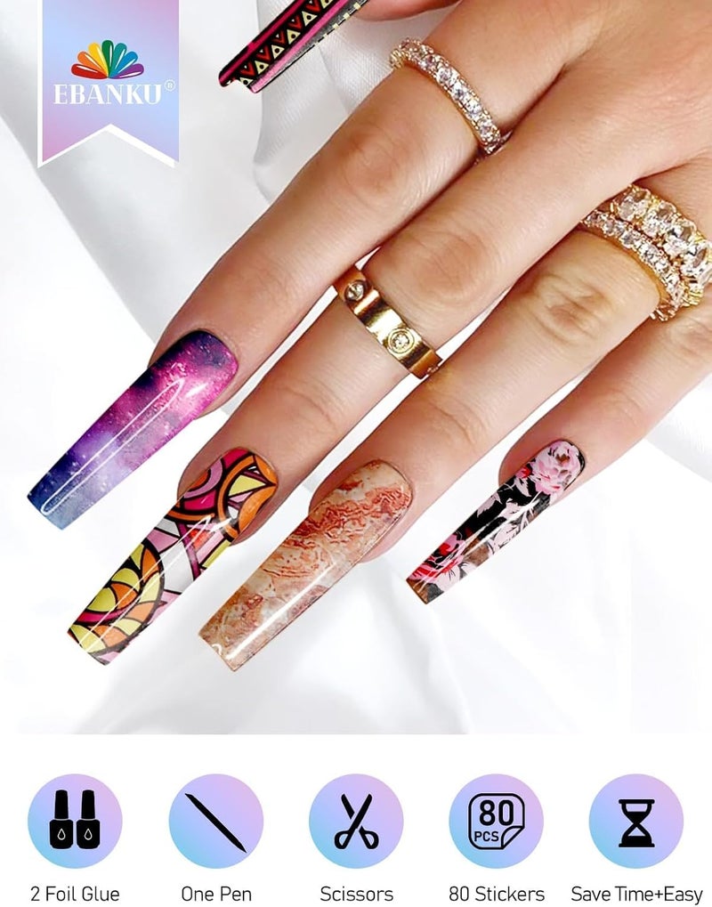 EBANKU Nail Foil Glue Gel Set, 30 ml Nail Glue with 20 Pieces Flowers Butterfly Transfer Foils Gel Nail Foils for DIY Manicure or Salon, UV/LED Lamp Required - Image 4