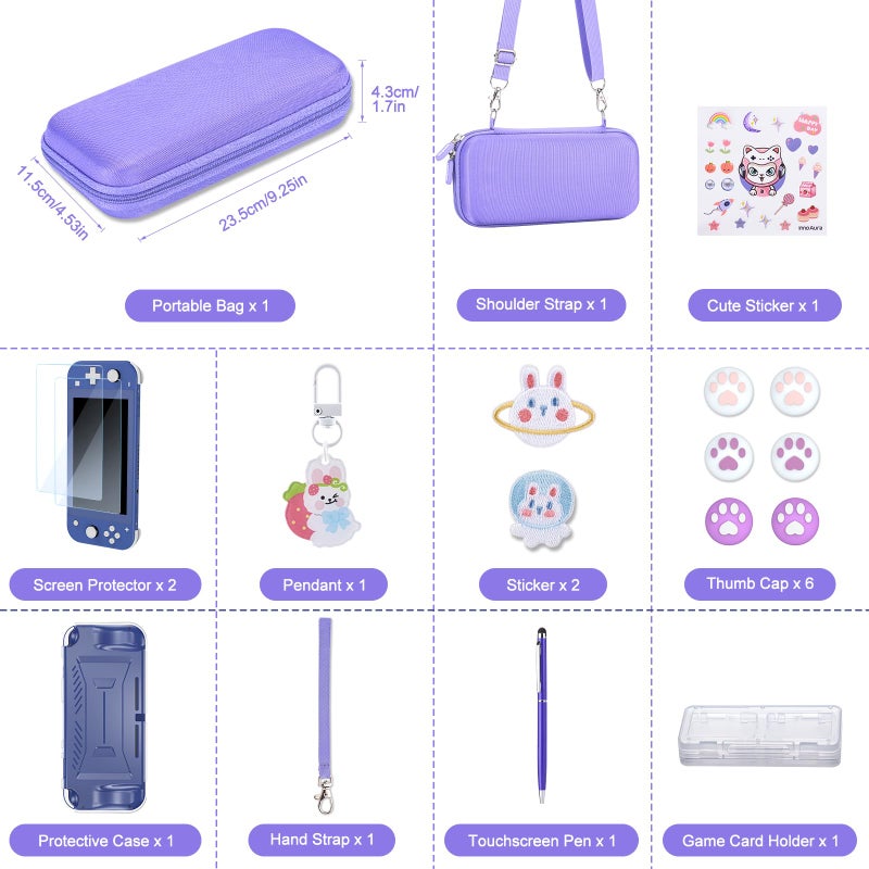 innoAura Switch Lite Case 18-in-1 Accessories Bundle for NS Switch Lite (2019), with Protective Carrying Case, Game Holder, Screen Protector & Cute Thumb Grips, Purple - Image 2