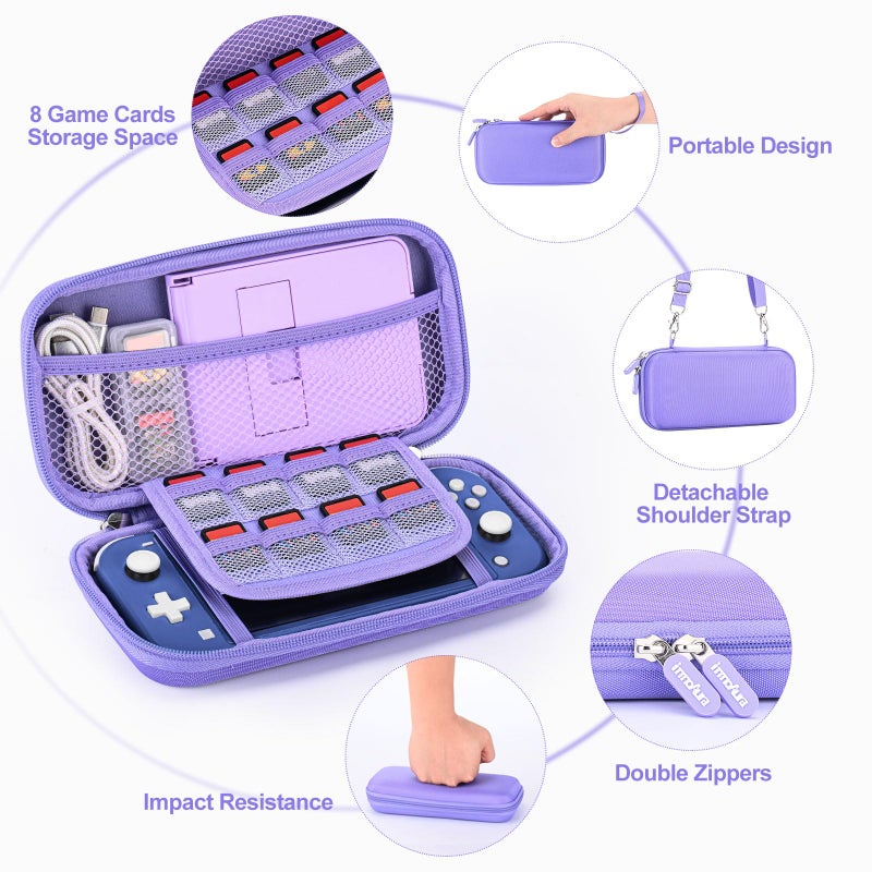 innoAura Switch Lite Case 18-in-1 Accessories Bundle for NS Switch Lite (2019), with Protective Carrying Case, Game Holder, Screen Protector & Cute Thumb Grips, Purple - Image 3