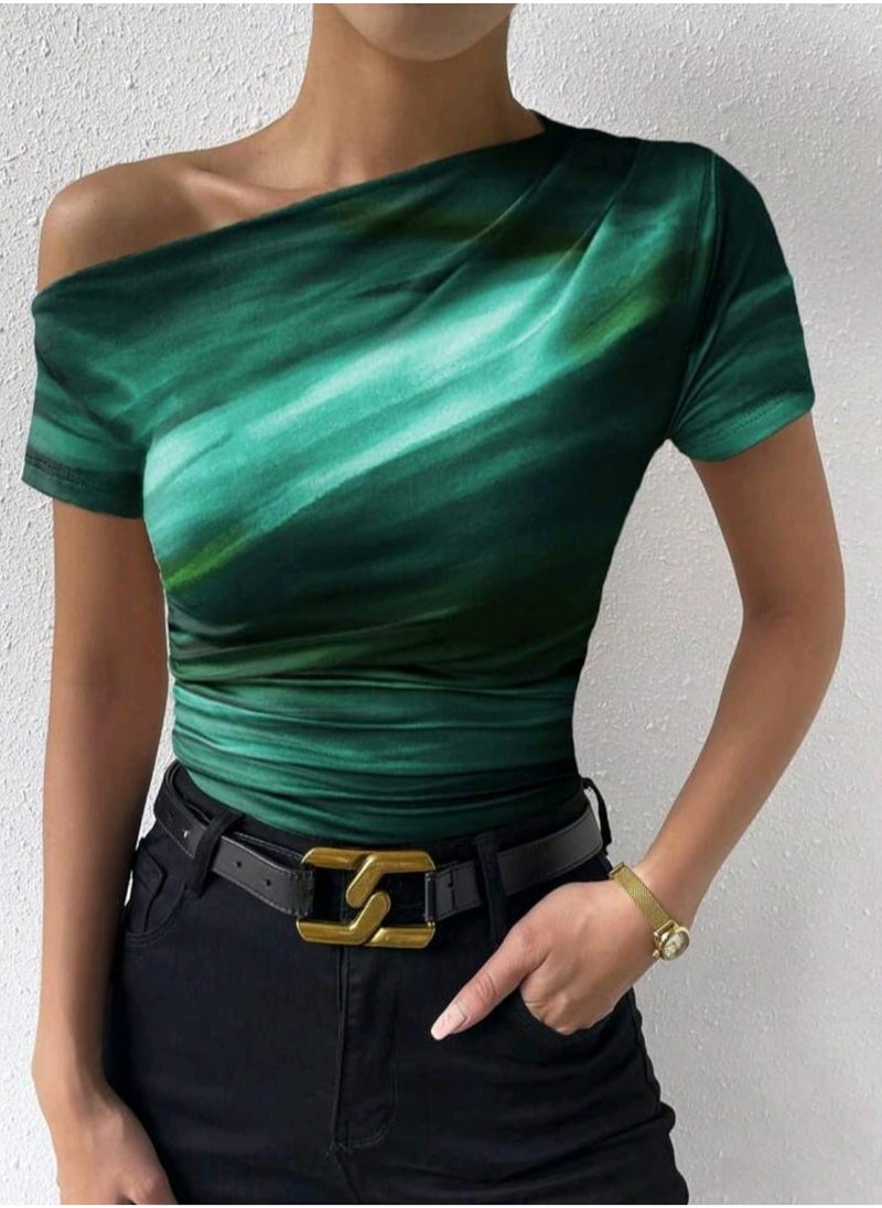 Rafferiza SHEIN Tie-Dye Print Oblique Shoulder Asymmetric Ruffle T-Shirt