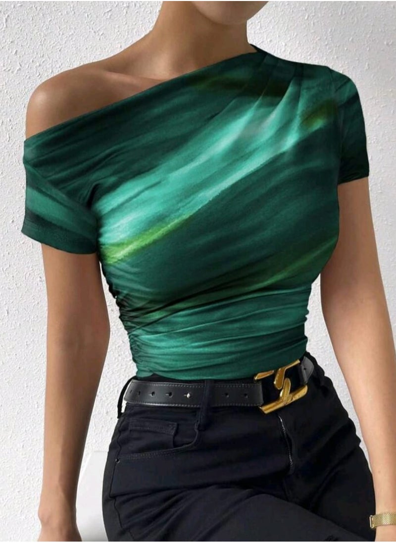 Rafferiza SHEIN Tie-Dye Print Oblique Shoulder Asymmetric Ruffle T-Shirt