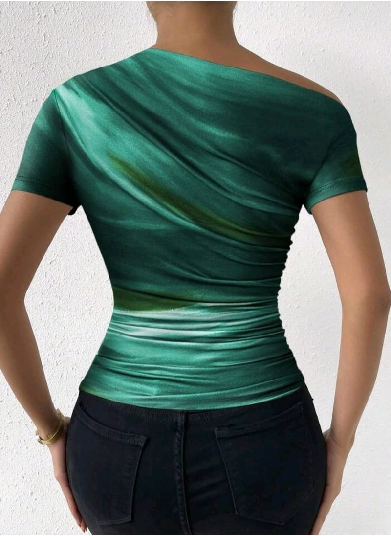 Rafferiza SHEIN Tie-Dye Print Oblique Shoulder Asymmetric Ruffle T-Shirt