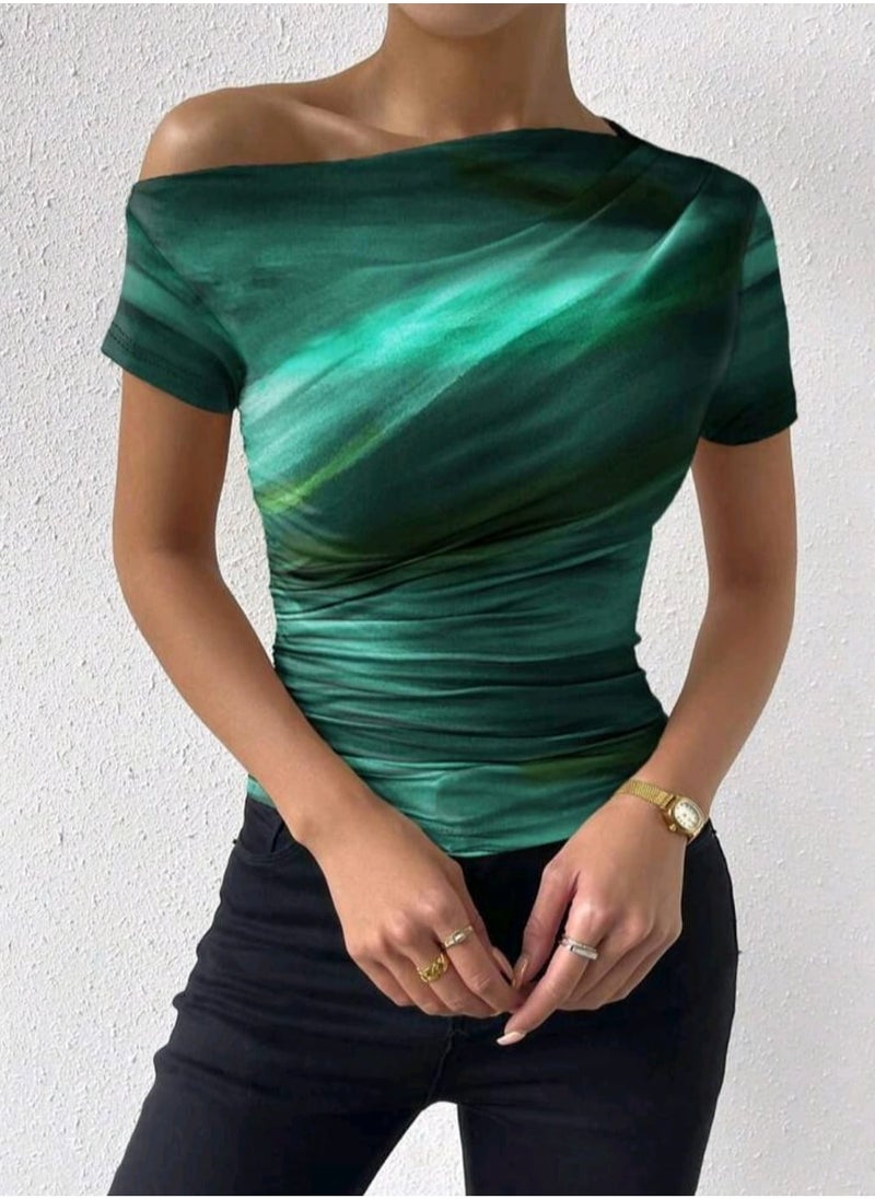 Rafferiza SHEIN Tie-Dye Print Oblique Shoulder Asymmetric Ruffle T-Shirt