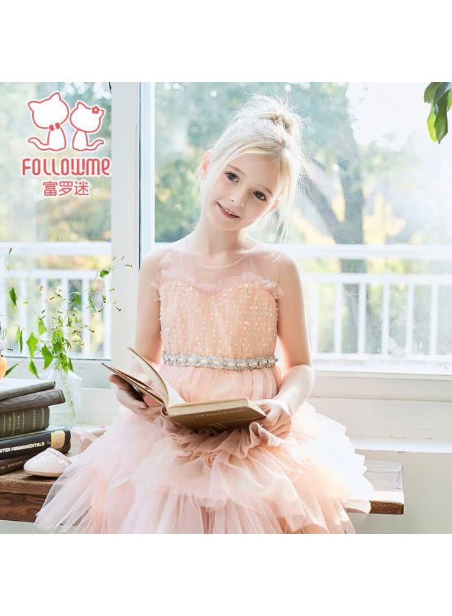 Fulomi Girls' Dress Cake Princess Dress Little Girls Tulle Cake Dress Mid-large Kids Formal Dress Orange 120