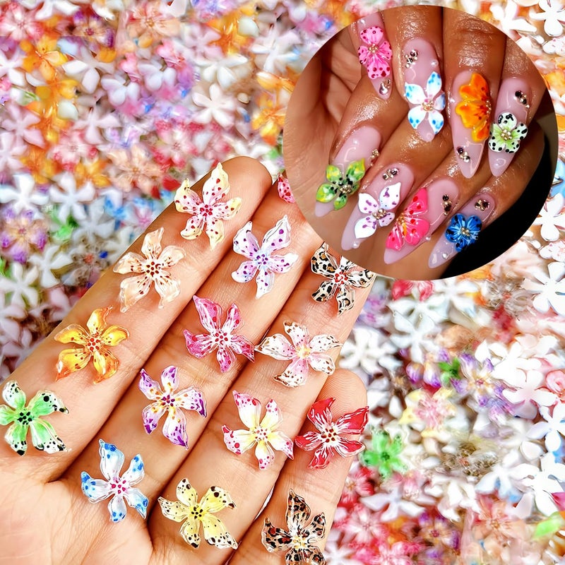 Quezadyl 100PCS Flower Nail Art Charms 3D Hawaii Flowers Nail Rhinestones Hibiscus Floral Nail Gems 3D Mixed Colorful Flower Nail Diamonds Spring Summer Nail Jewelry Nail Decor for Women Acrylic Nail Supplies - Image 1