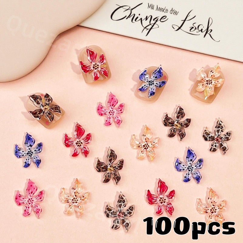 Quezadyl 100PCS Flower Nail Art Charms 3D Hawaii Flowers Nail Rhinestones Hibiscus Floral Nail Gems 3D Mixed Colorful Flower Nail Diamonds Spring Summer Nail Jewelry Nail Decor for Women Acrylic Nail Supplies - Image 3