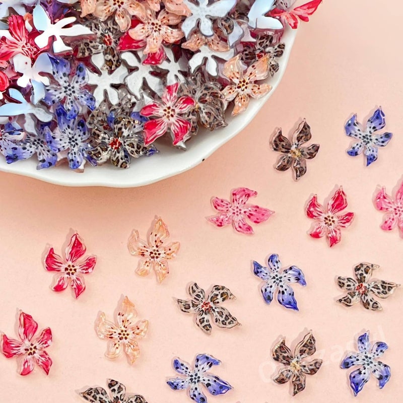 Quezadyl 100PCS Flower Nail Art Charms 3D Hawaii Flowers Nail Rhinestones Hibiscus Floral Nail Gems 3D Mixed Colorful Flower Nail Diamonds Spring Summer Nail Jewelry Nail Decor for Women Acrylic Nail Supplies - Image 5