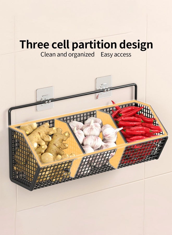 إتش كيو جيمنغ سلة تخزين المطبخ المثبتة على الحائط، منظم رف التوابل، أرفف مخزن للتخزين، سلال معلقة على الحائط للمطبخ، الحمام، سلال خضروات الفاكهة ذات الأسلاك المعدنية، ثلاث شبكات (أسود) - Image 4