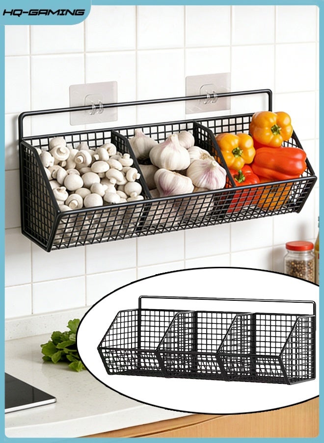 إتش كيو جيمنغ سلة تخزين المطبخ المثبتة على الحائط، منظم رف التوابل، أرفف مخزن للتخزين، سلال معلقة على الحائط للمطبخ، الحمام، سلال خضروات الفاكهة ذات الأسلاك المعدنية، ثلاث شبكات (أسود) - Image 1