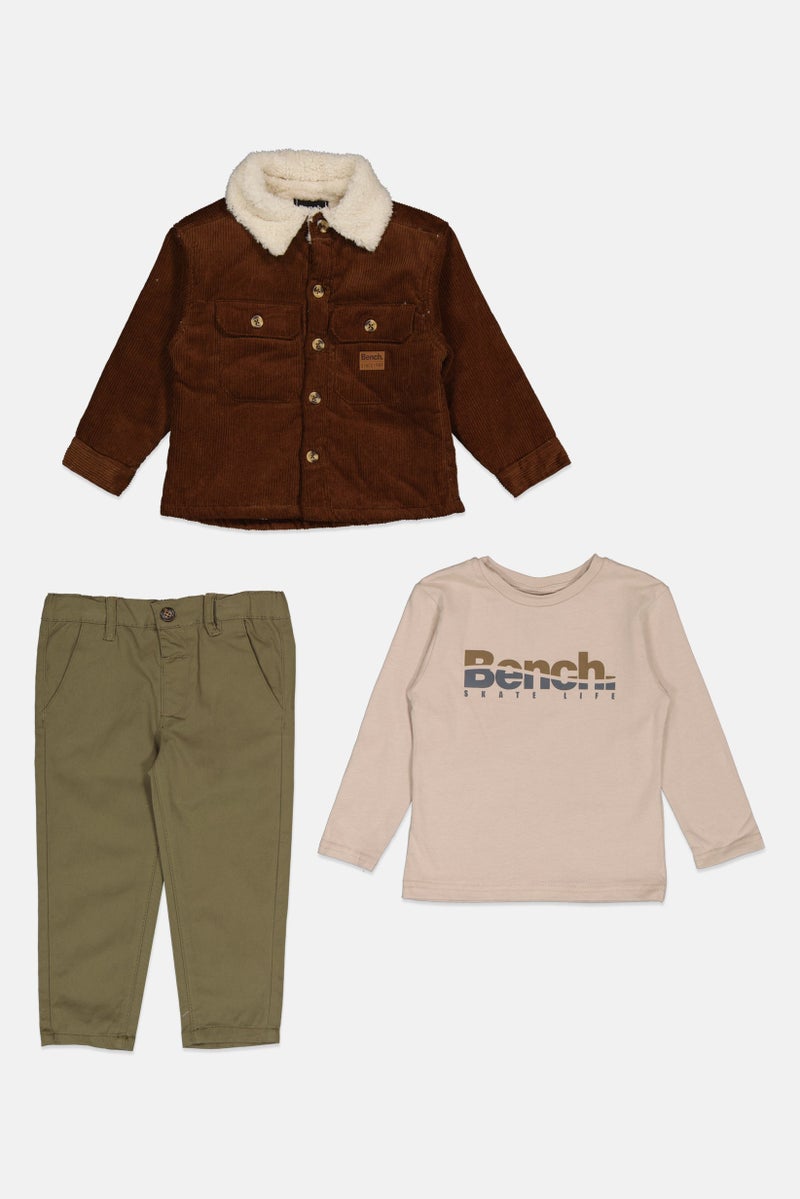 Bench Toddlers Boy 3 Pieces Brand Logo Top And Bottom Set, Brown/Olive - Image 1