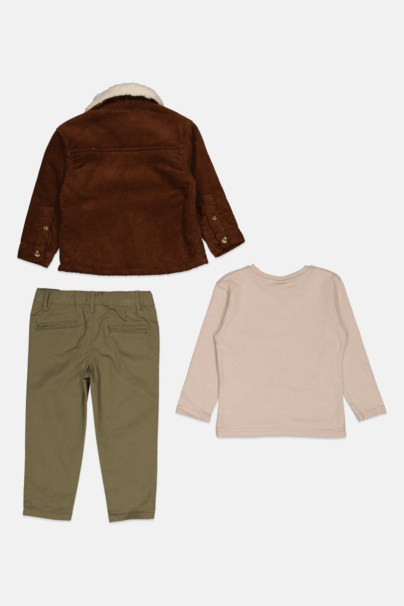 Bench Toddlers Boy 3 Pieces Brand Logo Top And Bottom Set, Brown/Olive - Image 3