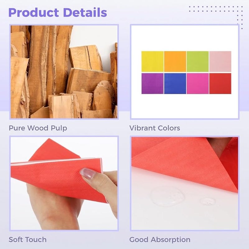 مناديل كوكتيل قوس قزح 320 قطعة 8 ألوان متنوعة طبقتين مستلزمات حفلات يمكن التخلص منها - Image 4