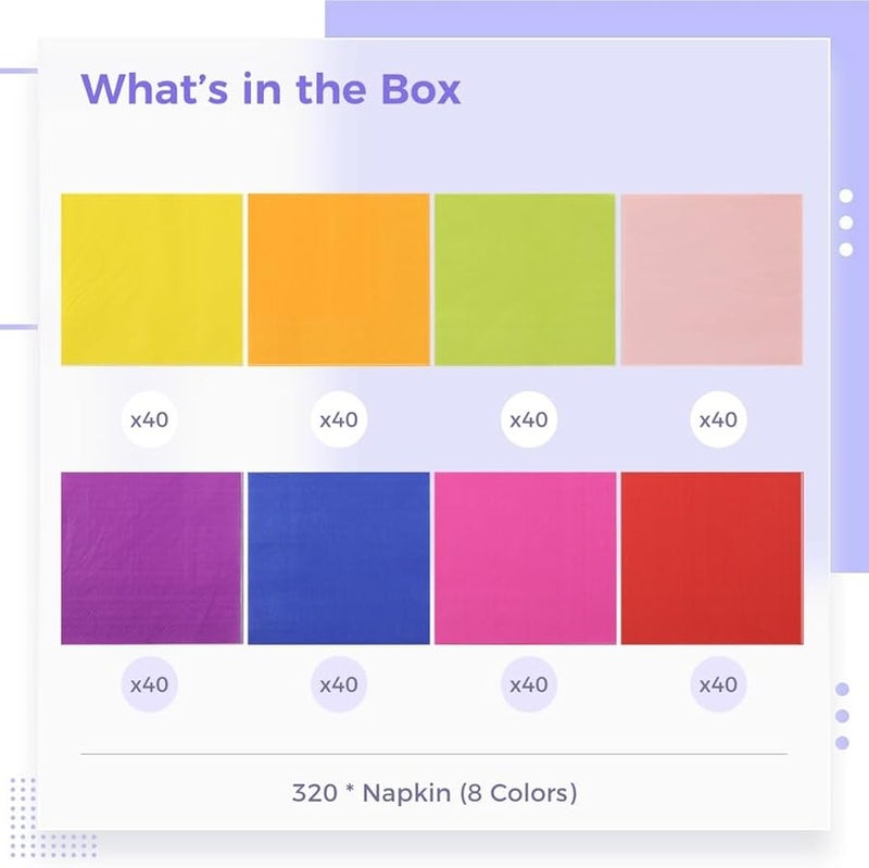 مناديل كوكتيل قوس قزح 320 قطعة 8 ألوان متنوعة طبقتين مستلزمات حفلات يمكن التخلص منها - Image 5