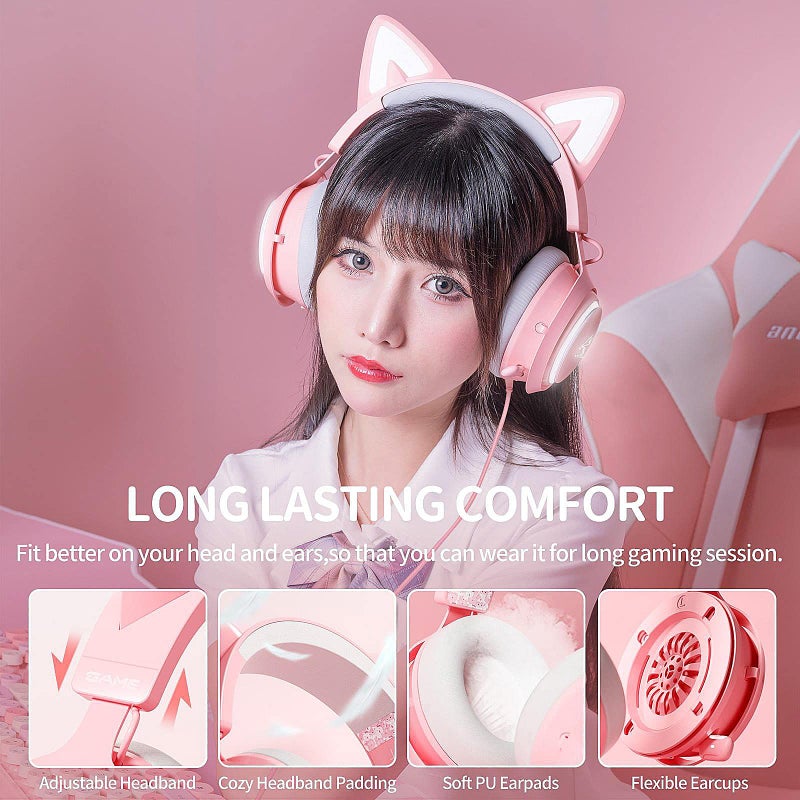 SOMIC GS510 Gaming Headset, Cat Ear Headset PC Gaming Headphones with Retractable Mic Noise Cancelling, Stereo Sound, DIY Face Covers for PC, PS4, PS5,Xbox One(Only White LED Light)-Pink - Image 4