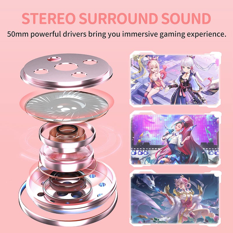 SOMIC GS510 Gaming Headset, Cat Ear Headset PC Gaming Headphones with Retractable Mic Noise Cancelling, Stereo Sound, DIY Face Covers for PC, PS4, PS5,Xbox One(Only White LED Light)-Pink - Image 3