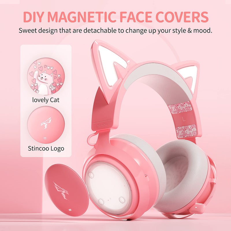 SOMIC GS510 Gaming Headset, Cat Ear Headset PC Gaming Headphones with Retractable Mic Noise Cancelling, Stereo Sound, DIY Face Covers for PC, PS4, PS5,Xbox One(Only White LED Light)-Pink - Image 5