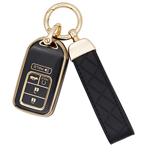 SUNCARACCL for Honda Key fob Cover with Leather Keychain, Soft TPU Full Protection Key Fob Case for Honda Accord Civic CRV Pilot Odyssey Passport Smart Remote Key (Black) - Image 1