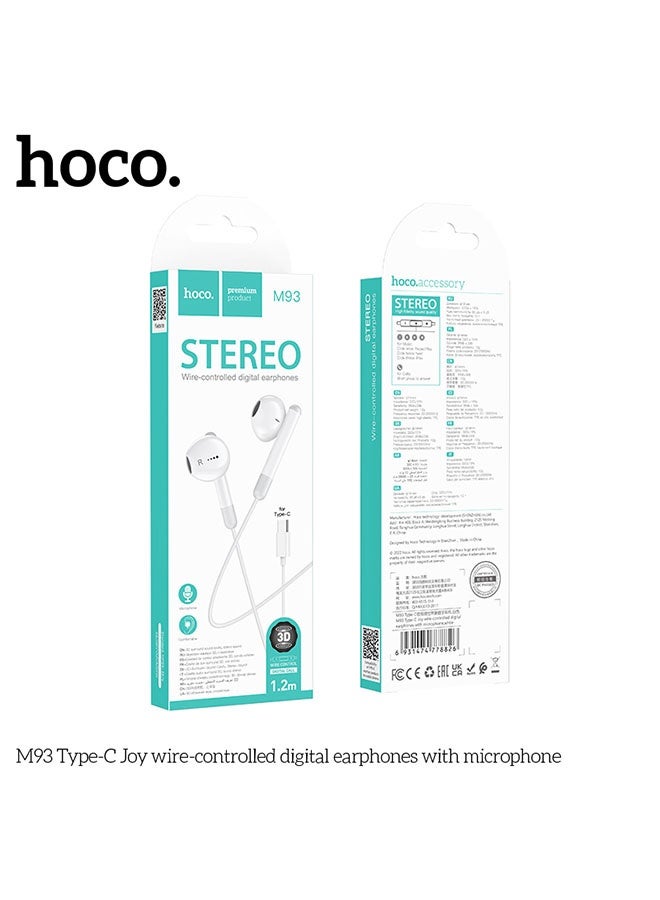 hoco. M93 Small Joy Wire-Controlled Digital Earphones With Microphone, Plug: Type-C, Compatible Huawei Xiaomi OnePlus iPad Pro/iPad Air Type-C Interface(White) - Image 5
