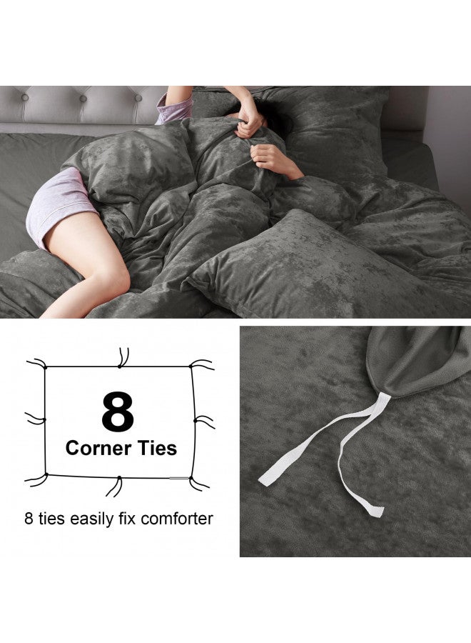PHF PHF Truly Velvet Duvet Cover Set King Size, 3pcs Ultra Soft Breathable Comforter Cover Set, Luxury Cozy Flannel Duvet Cover with Pillow Shams Bedding Collection, 104" x 90", Dark Gery  - Image 4