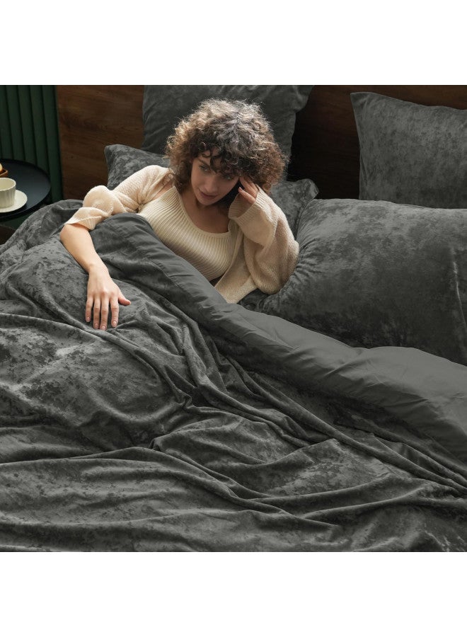 PHF PHF Truly Velvet Duvet Cover Set King Size, 3pcs Ultra Soft Breathable Comforter Cover Set, Luxury Cozy Flannel Duvet Cover with Pillow Shams Bedding Collection, 104" x 90", Dark Gery  - Image 1