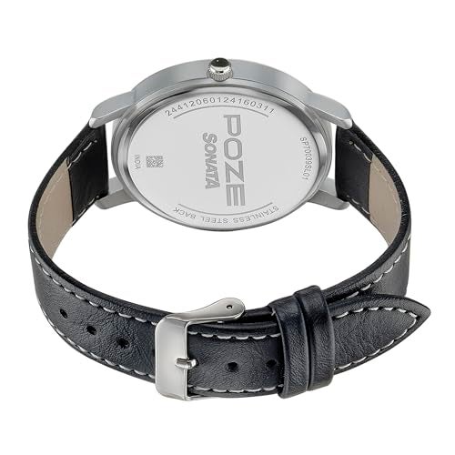 Sonata Poze Quartz Analog Black Dial Leather Strap Watch for Men-SP70039SL01W - Image 3