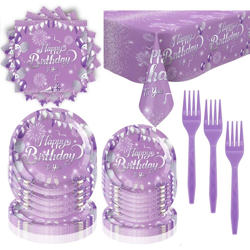 Morbanner Purple Birthday Decorations Party Tableware Set, Purple and Silver Plates Napkins Forks Party Supplies for Guests Girls Women Party (81Pcs) - Image 1