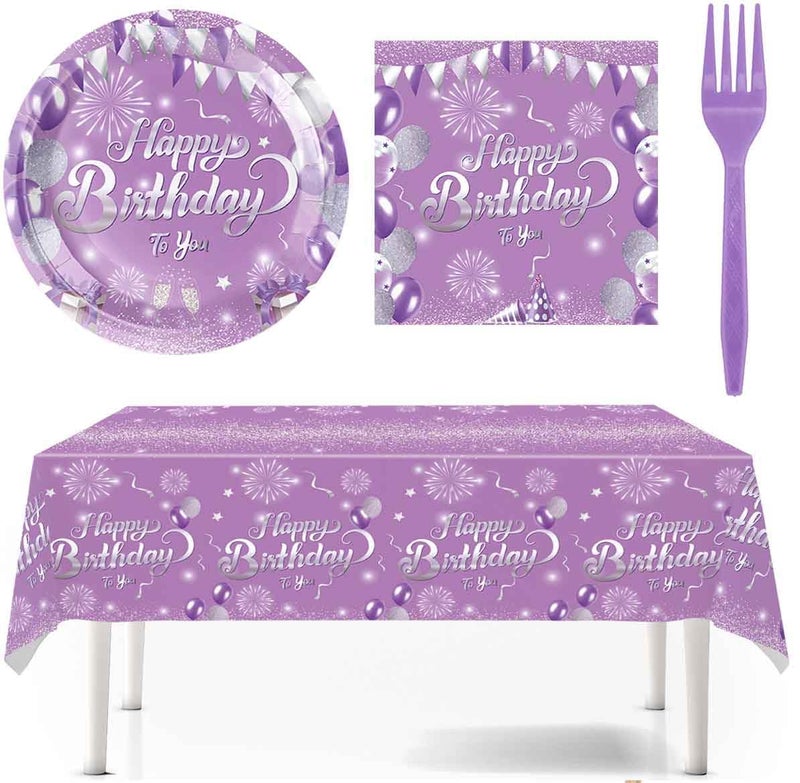 Morbanner Purple Birthday Decorations Party Tableware Set, Purple and Silver Plates Napkins Forks Party Supplies for Guests Girls Women Party (81Pcs) - Image 4