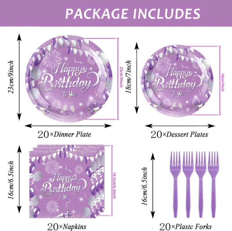 Morbanner Purple Birthday Decorations Party Tableware Set, Purple and Silver Plates Napkins Forks Party Supplies for Guests Girls Women Party (81Pcs) - Image 2