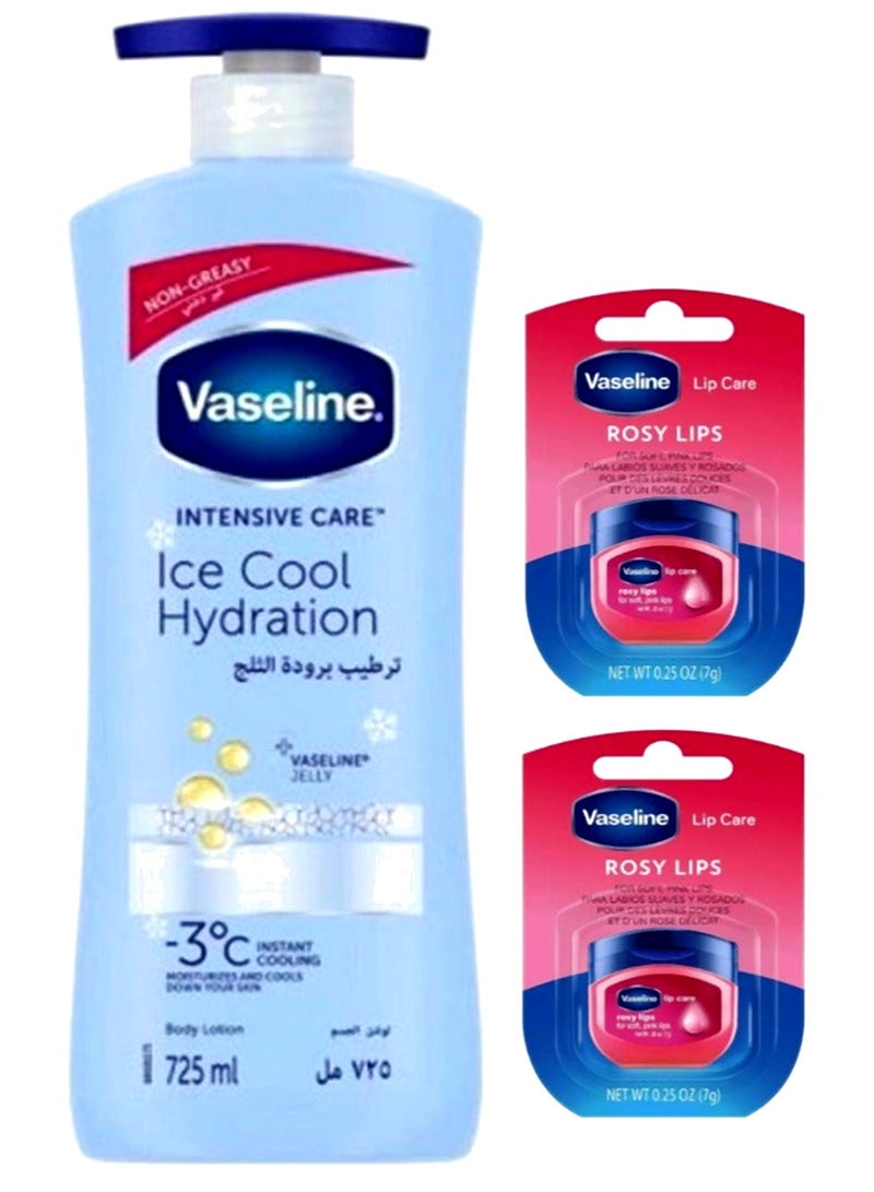 Vaseline Ice Cool Body Lotion 725ml + 2 Rosy Lip Therapy Set - Image 4
