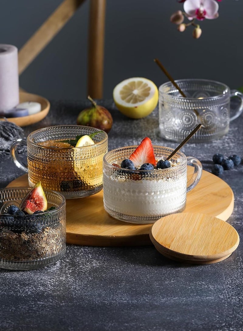 كوب قهوة رجعي، كوب زجاجي شفاف سميك بنقوش بارزة، مزود بغطاء من الخيزران وملعقة. مثالي لتناول الشوفان والزبادي والمشروبات الإبداعية والقهوة المثلجة. سعة 15 أونصة. مجموعة من أربعة أكواب. - Image 2