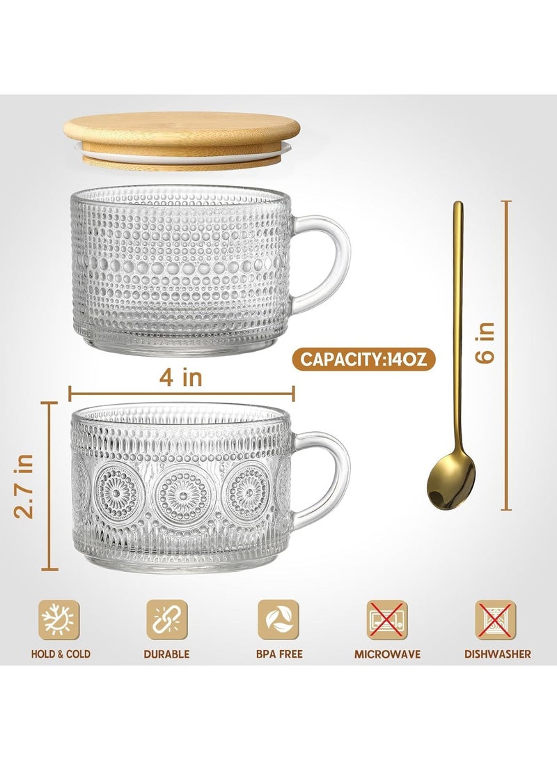 كوب قهوة رجعي، كوب زجاجي شفاف سميك بنقوش بارزة، مزود بغطاء من الخيزران وملعقة. مثالي لتناول الشوفان والزبادي والمشروبات الإبداعية والقهوة المثلجة. سعة 15 أونصة. مجموعة من أربعة أكواب. - Image 5