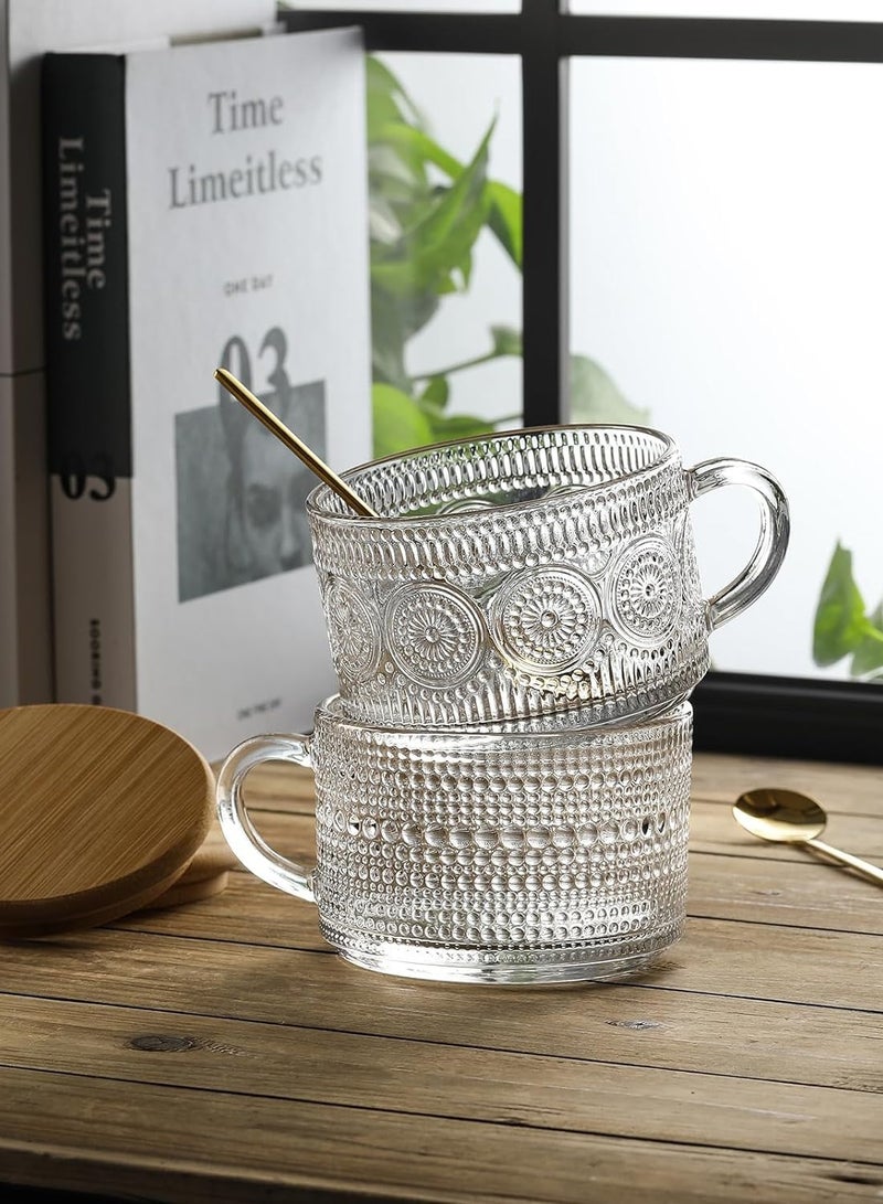 كوب قهوة رجعي، كوب زجاجي شفاف سميك بنقوش بارزة، مزود بغطاء من الخيزران وملعقة. مثالي لتناول الشوفان والزبادي والمشروبات الإبداعية والقهوة المثلجة. سعة 15 أونصة. مجموعة من أربعة أكواب. - Image 3