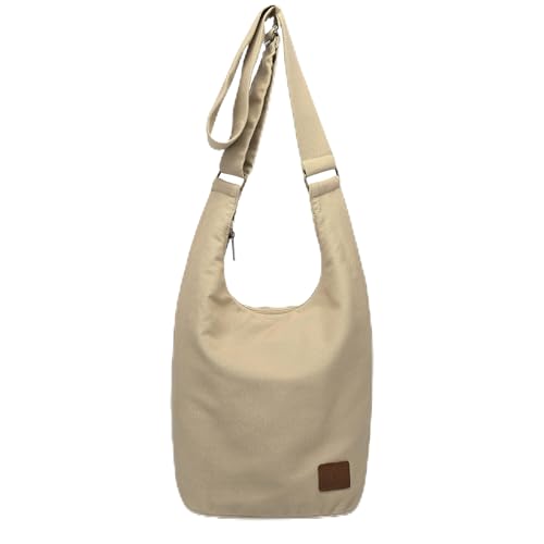 Coton Pose Hippie Crossbody Bag Large size Top Zip Cotton Sling Bag Jacquard cloth Handmade Bags (Tan Beige) - Image 1