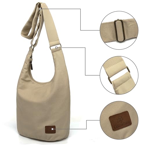 Coton Pose Hippie Crossbody Bag Large size Top Zip Cotton Sling Bag Jacquard cloth Handmade Bags (Tan Beige) - Image 4