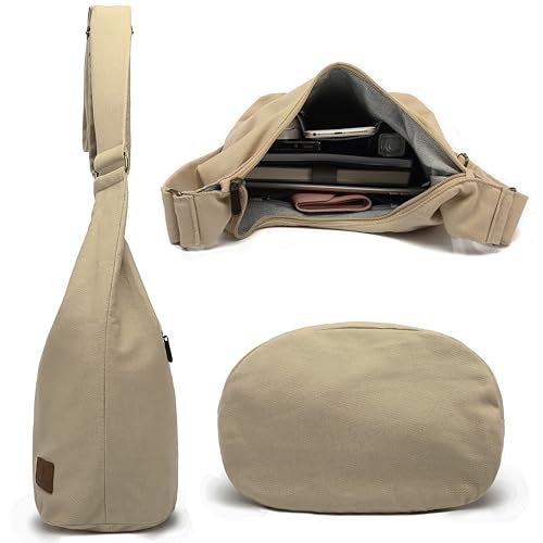Coton Pose Hippie Crossbody Bag Large size Top Zip Cotton Sling Bag Jacquard cloth Handmade Bags (Tan Beige) - Image 5