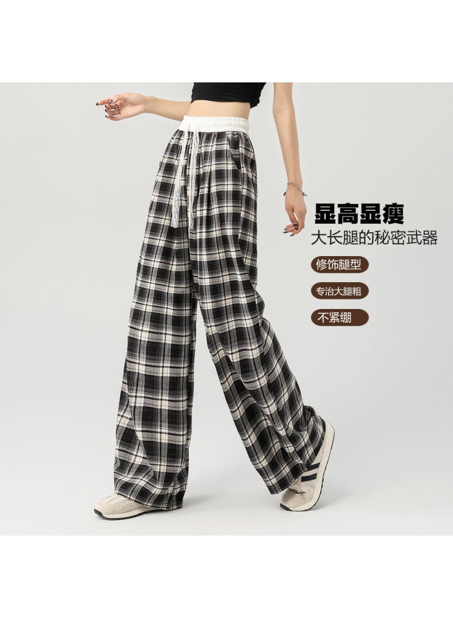 Baleno Lazy And Relaxed Women's Plaid Casual Pants - Youthful, Slimming, Lace-up Drawstring Elastic Waist, Loose Straight-leg Wide-leg Trousers - Image 4