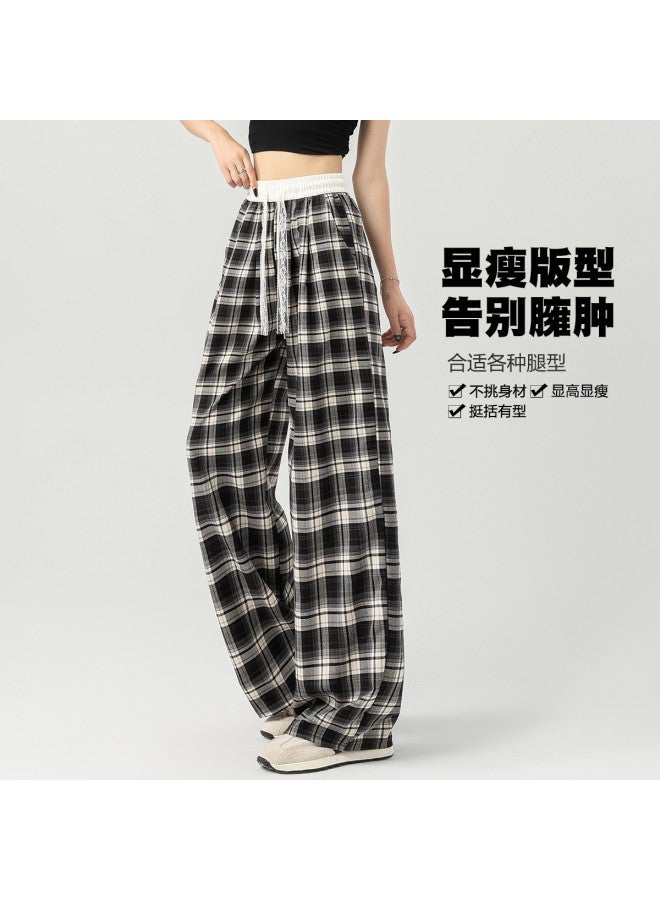 Baleno Lazy And Relaxed Women's Plaid Casual Pants - Youthful, Slimming, Lace-up Drawstring Elastic Waist, Loose Straight-leg Wide-leg Trousers - Image 3