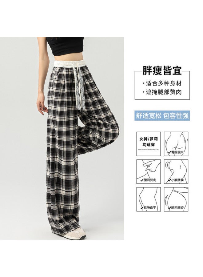 Baleno Lazy And Relaxed Women's Plaid Casual Pants - Youthful, Slimming, Lace-up Drawstring Elastic Waist, Loose Straight-leg Wide-leg Trousers - Image 5